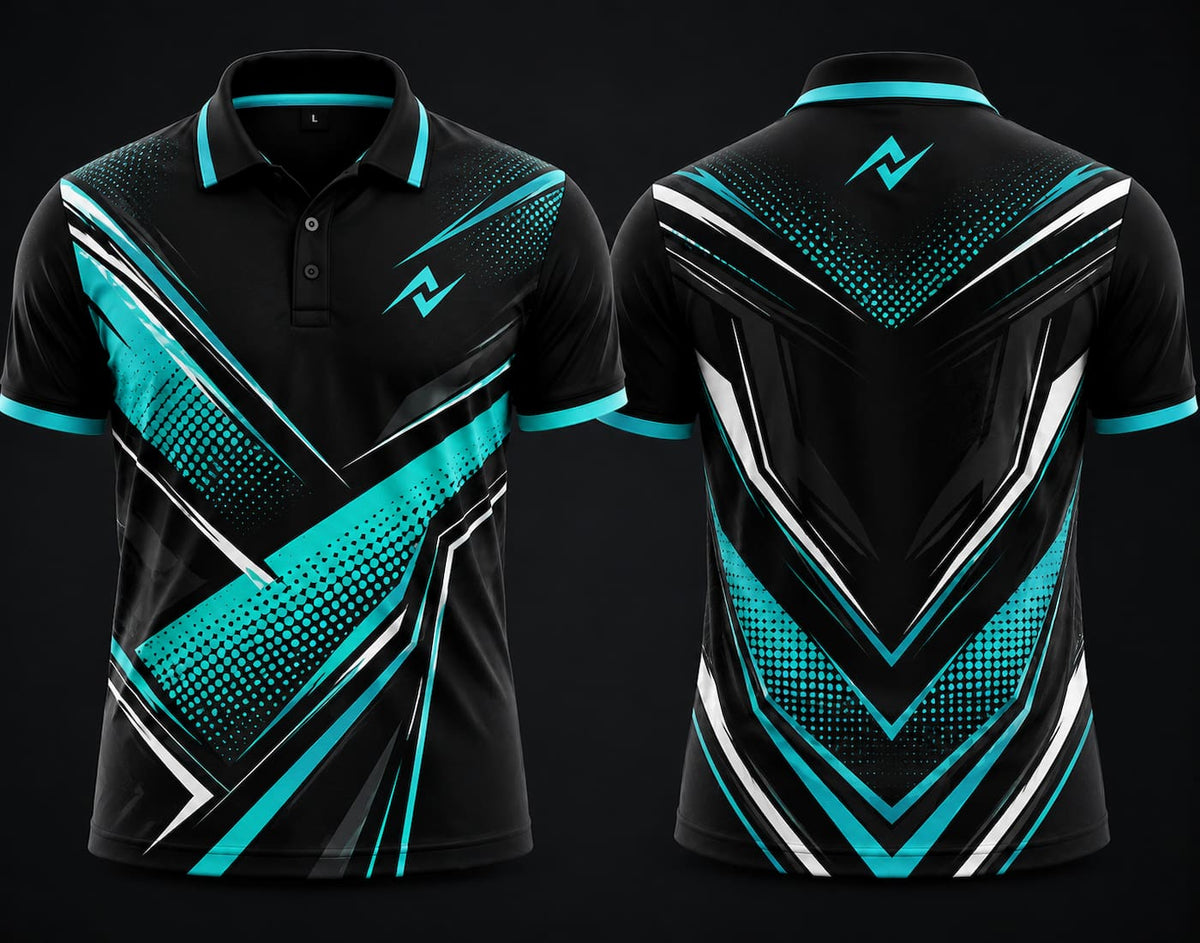 Premium black, aqua blue, and white cricket polo collar jersey front and back view featuring logo placement on side chest and back neck area.