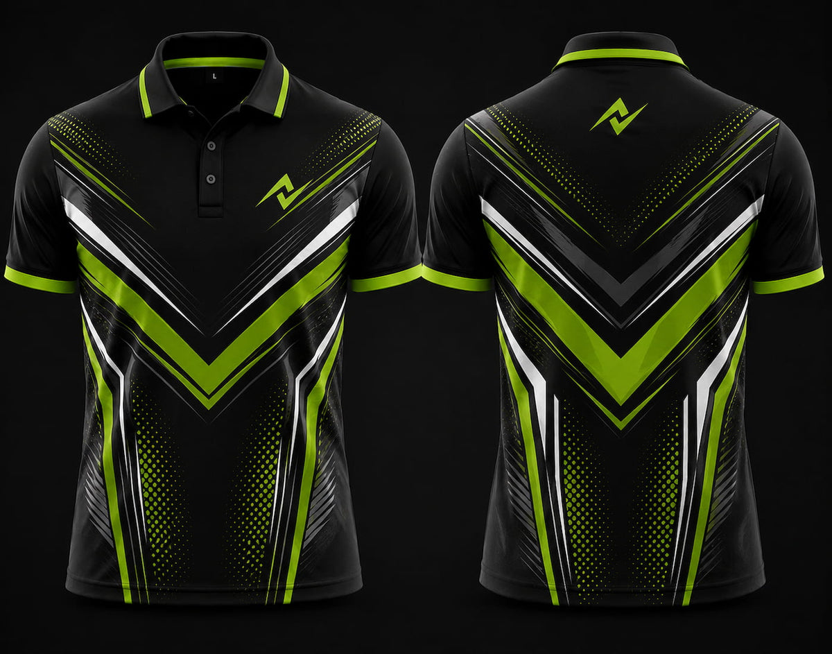 Premium black, neon green, and white cricket polo collar jersey front and back view featuring logo placement on side chest and back neck area.