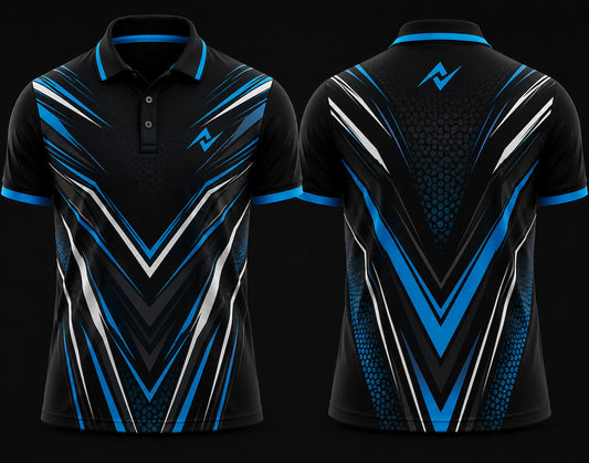 Premium black, electric blue, and white cricket polo collar jersey front and back view featuring logo placement on side chest and back neck area.