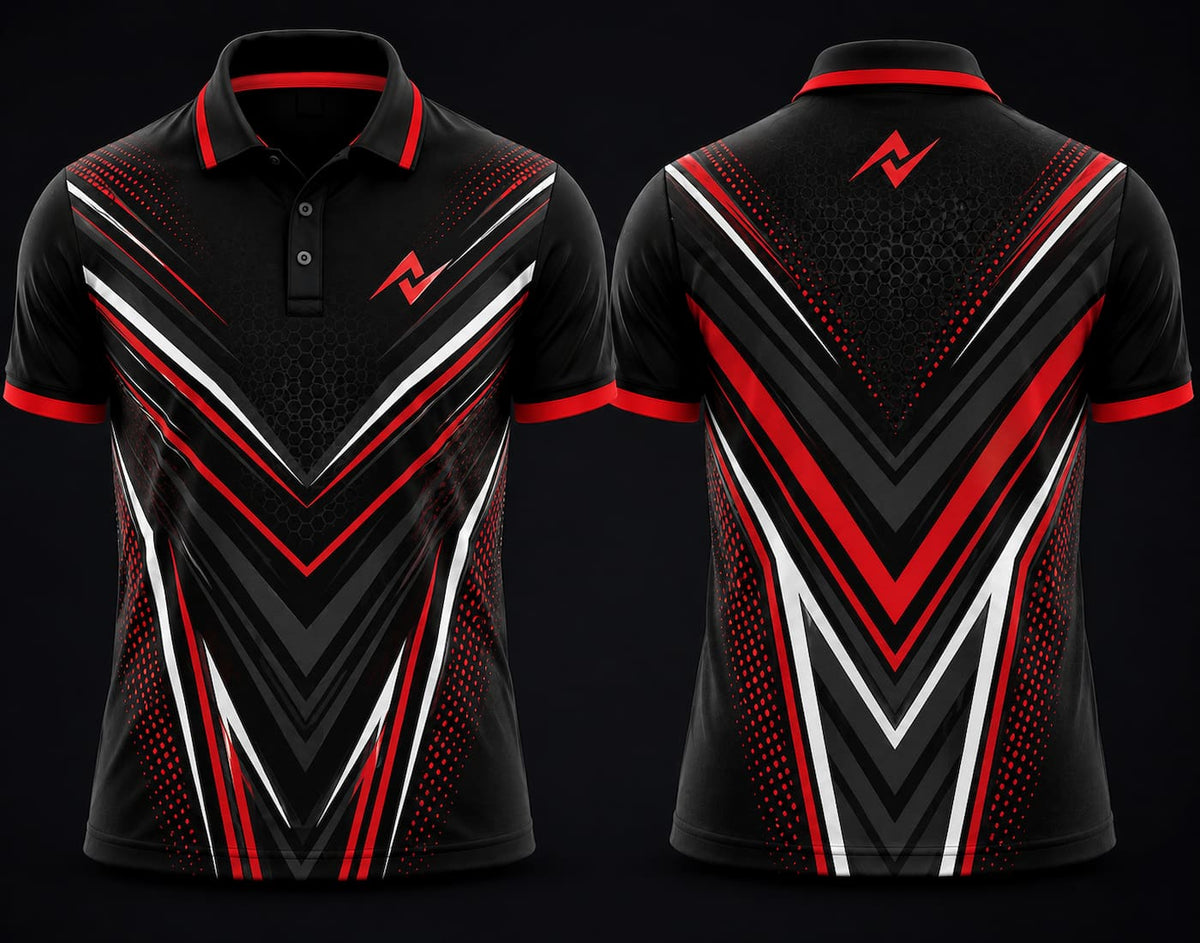 Premium black, red, and white cricket polo collar jersey front and back view featuring logo placement on side chest and back neck area.
