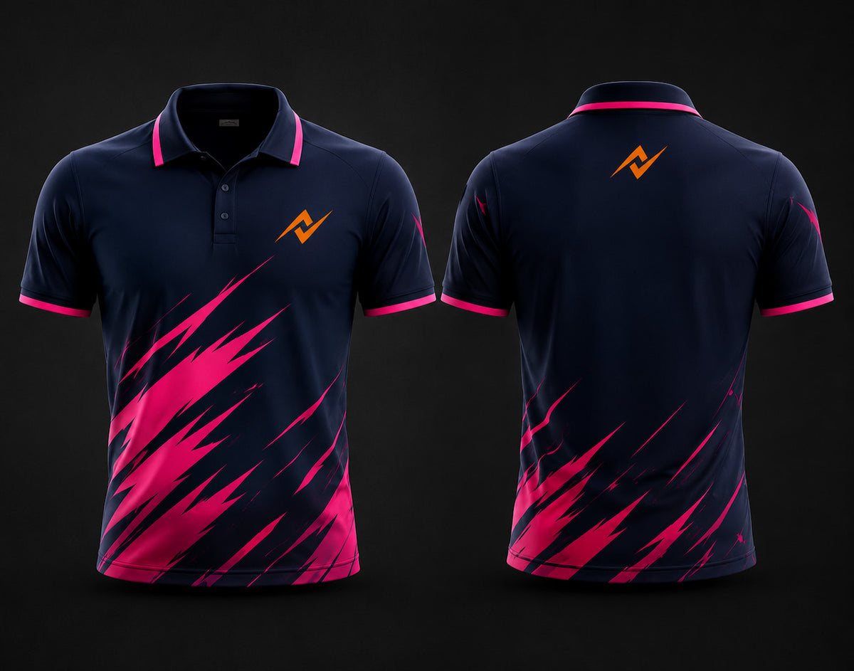 Premium navy blue and pink cricket polo collar jersey front and back view with logo on side chest and lower back neck area.