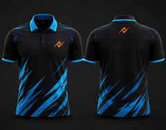Premium black and electric blue cricket polo collar jersey front and back view with logo on side chest and back neck placement.