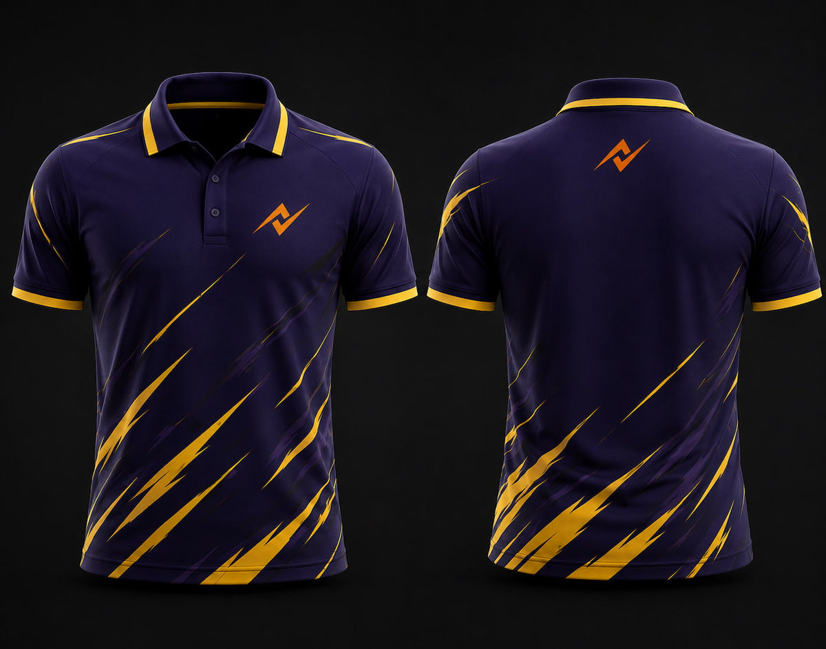 Premium purple and gold cricket polo collar jersey front and back view featuring logo placement on side chest and back neck area.