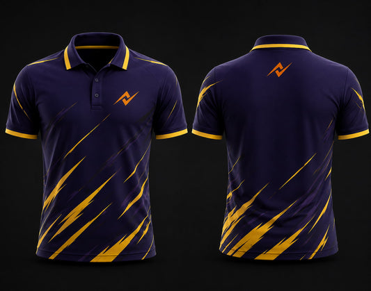 Premium purple and gold cricket polo collar jersey front and back view featuring logo placement on side chest and back neck area.