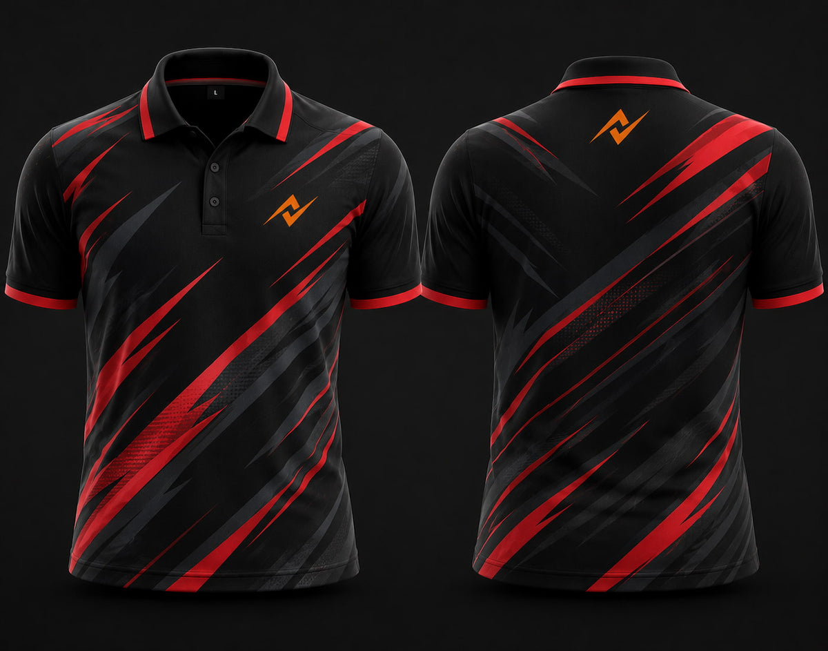 Premium black and red cricket polo collar jersey front and back view with logo on side chest and back neck placement.