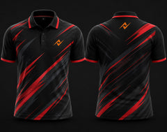 Premium black and red cricket polo collar jersey front and back view with logo on side chest and back neck placement.