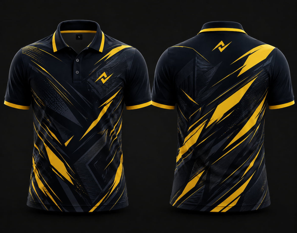 Premium black and yellow cricket polo collar jersey front and back view with logo on side chest and back neck placement.