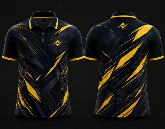 Premium black and yellow cricket polo collar jersey front and back view with logo on side chest and back neck placement.