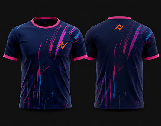 Front and back view of a navy blue round neck sports jersey with neon pink and electric blue abstract graphics and orange logo.