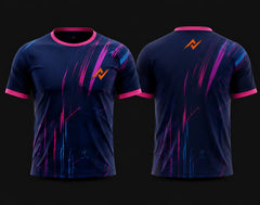 Front and back view of a navy blue round neck sports jersey with neon pink and electric blue abstract graphics and orange logo.