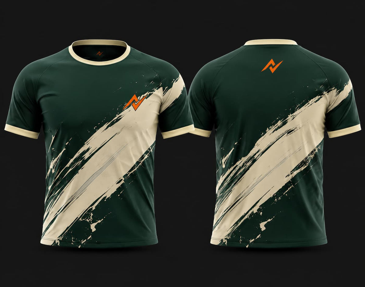Front and back view of a forest green round neck sports jersey featuring an ivory brush-stroke design with orange logo accents.