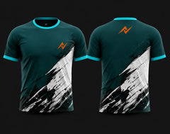 Front and back view of a teal round neck sports jersey featuring a bold white and black brushstroke graphic with orange chest and back logo.