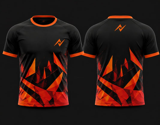 Front and back view of a black round neck sports jersey featuring bold orange geometric graphics with matching orange logo accents.