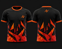 Front and back view of a black round neck sports jersey featuring bold orange geometric graphics with matching orange logo accents.