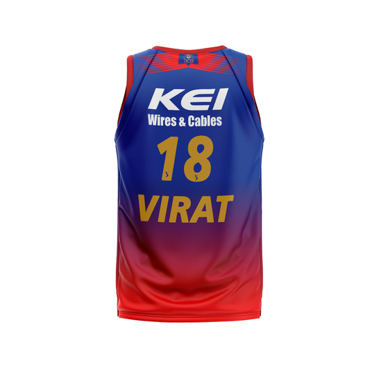 RCB 2026 sleeveless red and blue cricket jersey vest with custom name and number printing by NextPrint