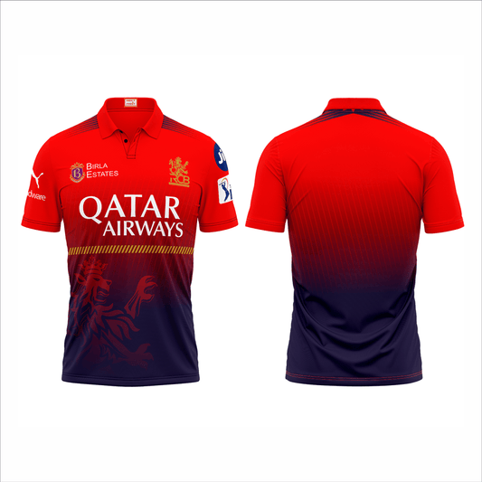 RCB IPL 2026 black red printed polo collar cricket jersey jacket front view