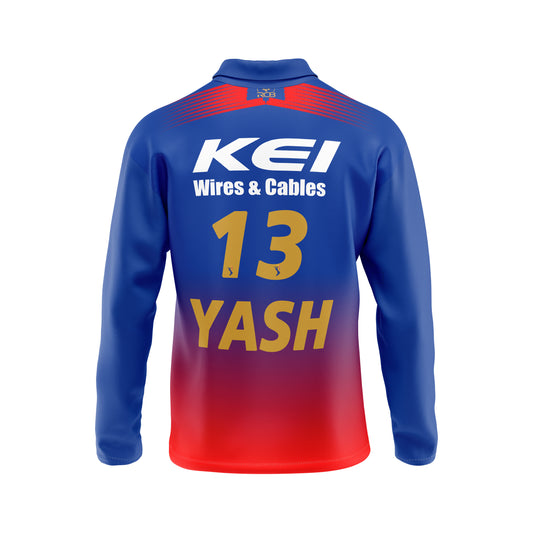 Back side of RCB IPL 2026 full sleeve polo t shirt blue and red design