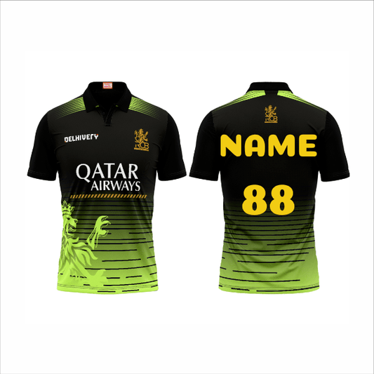 RCB IPL custom name and number black green cricket jersey front and back view