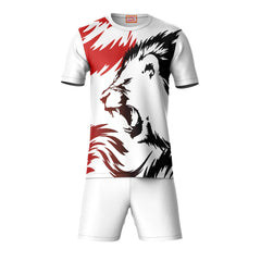 Red black animal print sports t-shirt with white shorts coord set front view for men