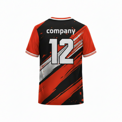 Red and black sports t-shirt back design with bold brush stripe graphics for custom sublimation cricket and football team jersey printing by NextPrint India.