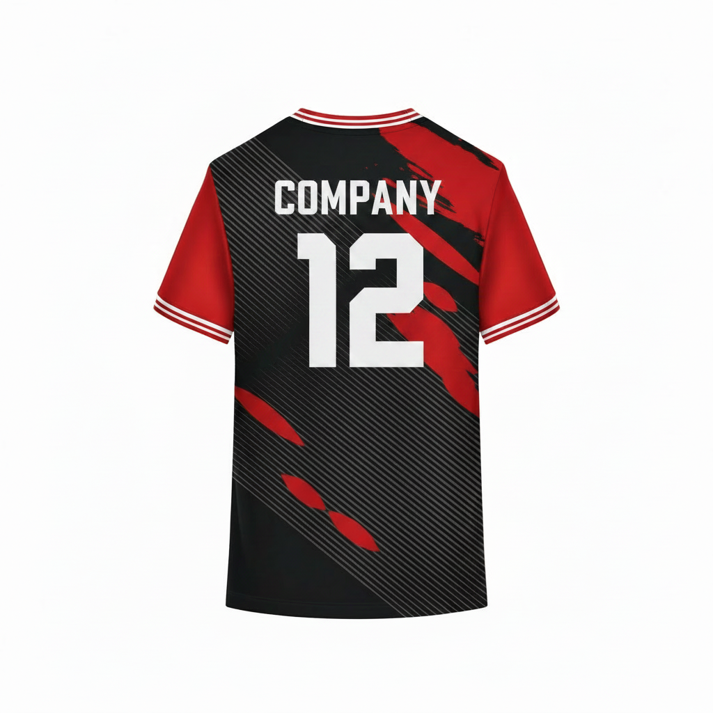 Red and black sports t-shirt back design with abstract brushstroke and diagonal stripe pattern for custom sublimation team jersey printing by NextPrint India