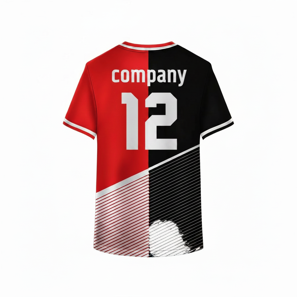 Red and black custom sports t-shirt back design with diagonal stripe pattern for personalized team jersey printing by NextPrint India.