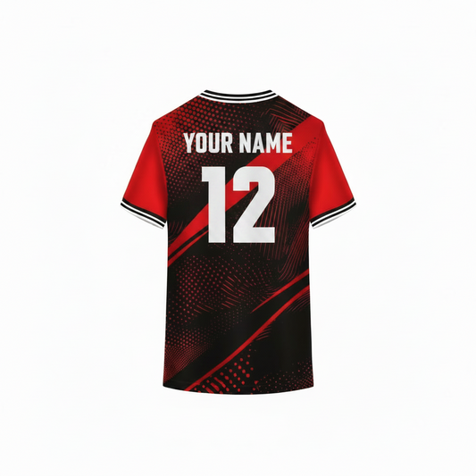 Red and black custom sports jersey back view with halftone dot and abstract line pattern design for cricket football volleyball and esports team uniforms by NextPrint