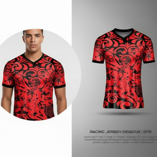 Next Print Red and black sports jersey design with abstract pattern