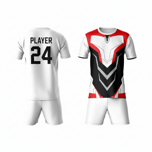 Red black activewear t-shirt with white shorts back view