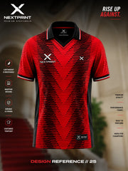 Red and black V-neck cricket jersey featuring a bold geometric V-pattern with premium performance fabric.
