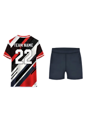 Red black and white geometric custom sports jersey with matching shorts for cricket, football and team uniform sublimation printing.