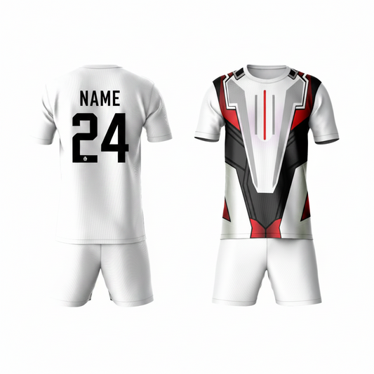 Red black white geometric athletic sports t-shirt with white shorts back side view