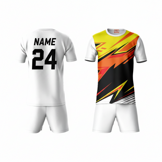 Red black yellow activewear t-shirt with white shorts back view