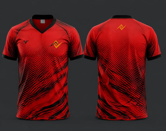 Front and back view of a red and black V-neck cricket jersey featuring abstract brushstroke graphics with an orange chest logo and back neck logo.