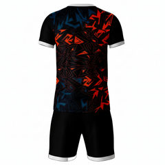 Premium red blue sportswear jersey and black shorts set side angle view