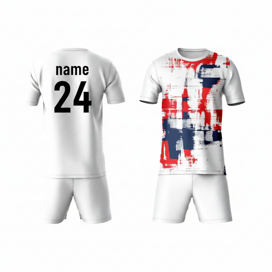 Red blue sports t-shirt with white shorts back view for men
