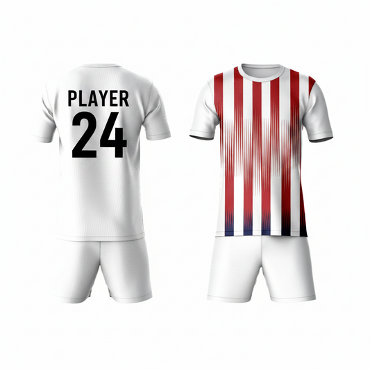 Red blue striped athletic sports t-shirt with white shorts back side view