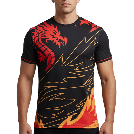 Next Print red dragon shirt with flames on the front