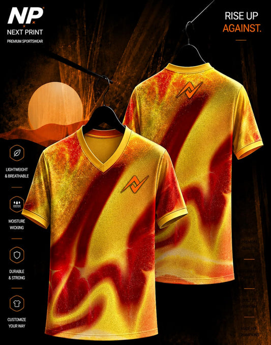 Red and gold abstract energy sublimation V-neck sports jersey front and back by Next Print