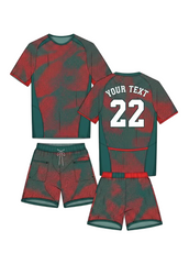 Red and green patterned sports jersey with matching shorts front and back view custom team uniform for football cricket and training wear