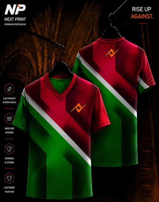 Red and green diagonal V-neck sublimation sports jersey with white stripe and custom Next Print logo, front and back view