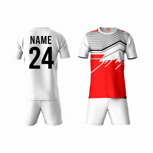 Red grey geometric athletic sports t-shirt with white shorts back side view