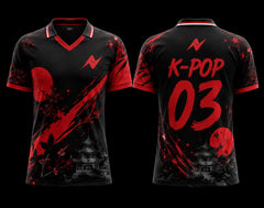 Front and back view of a black and crimson red V-neck polo K-pop jersey featuring red moon artwork, cherry blossom graphics, pagoda illustration, and premium sublimation printing.