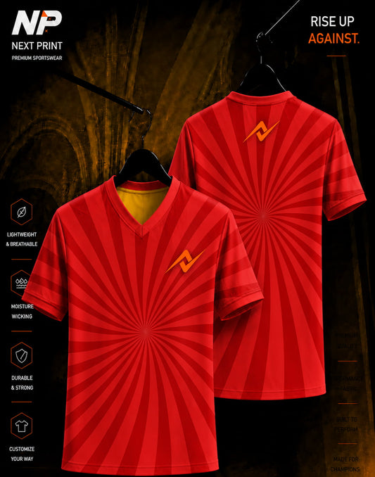 Premium red spiral burst V-neck sublimation sports jersey with custom Next Print logo on front and back.