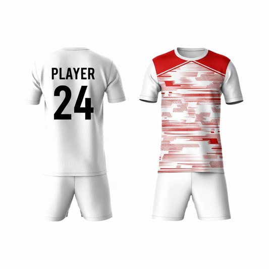 Red activewear t-shirt with white shorts back view