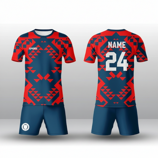 Red tribal sports jersey with navy shorts back view