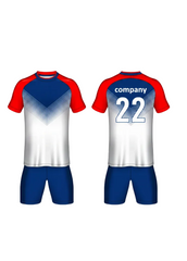 Red white and blue custom sports jersey with matching shorts front and back view for cricket football volleyball and team wear uniform design