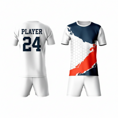 Red white blue geometric pattern activewear t-shirt with white shorts back view