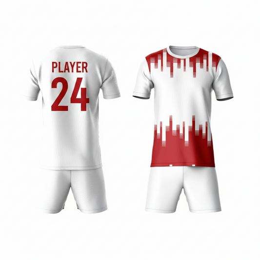 Red white geometric athletic sports t-shirt with white shorts back side view