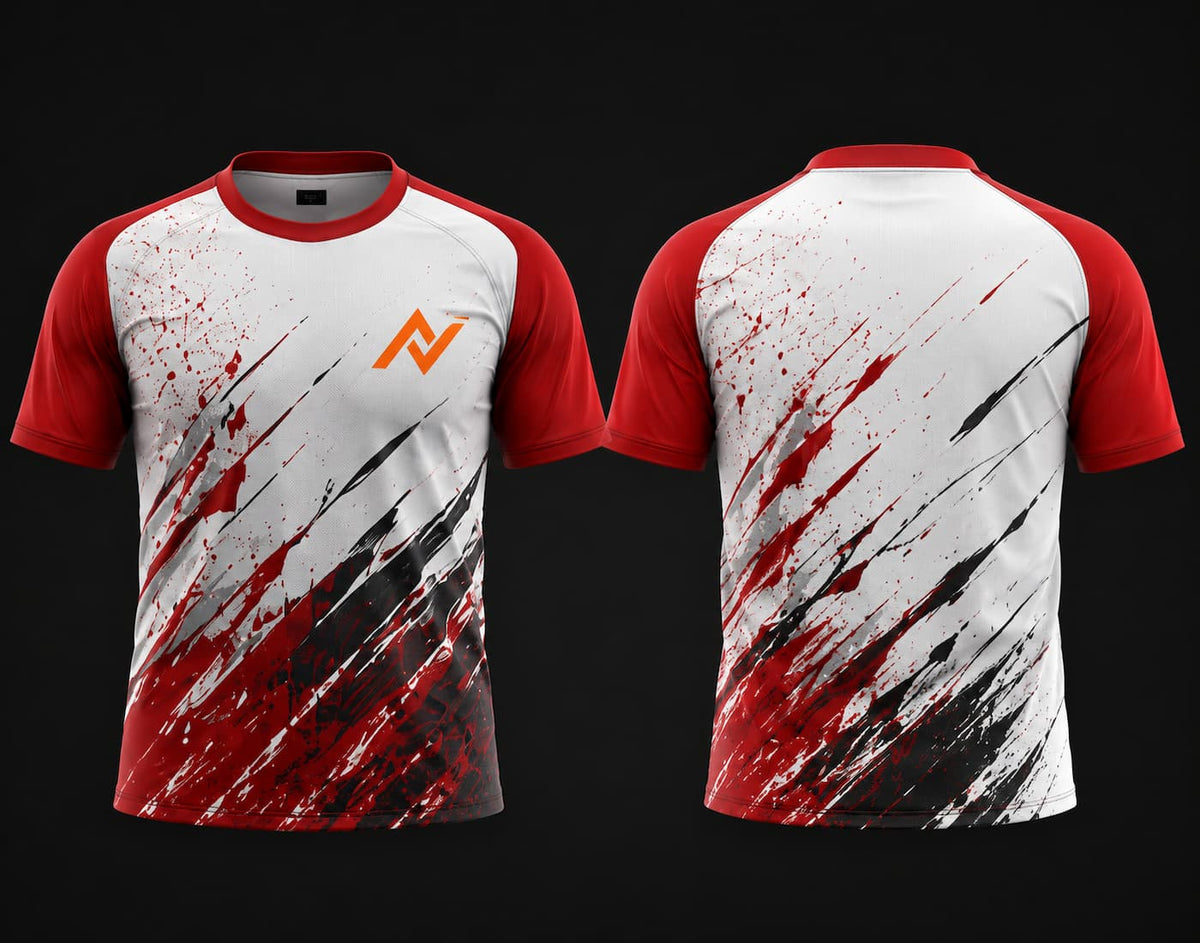 Front and back view of a red and white paint splash round neck cricket jersey with black accents and orange chest logo.